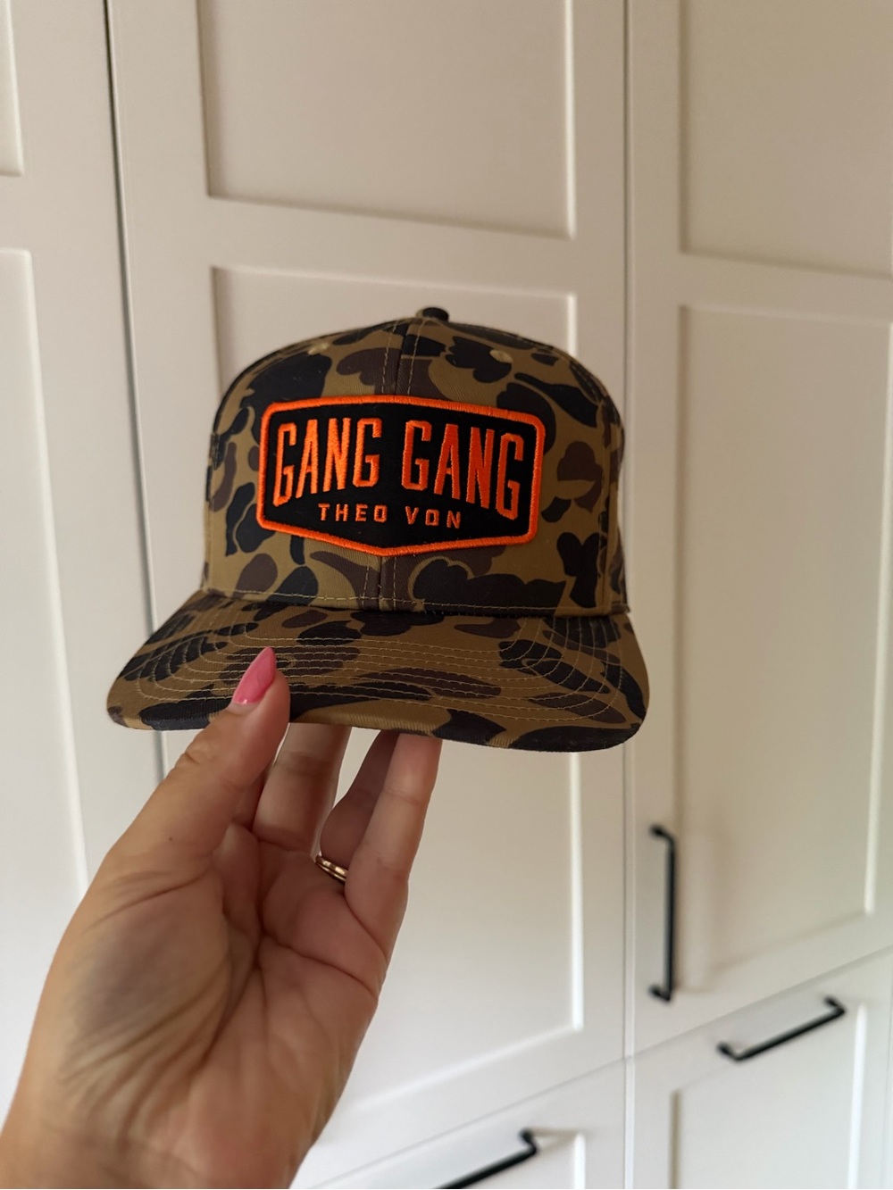 Gang Gang Theo Von Camo Snapback Hat - Olive & Black with Orange Patch